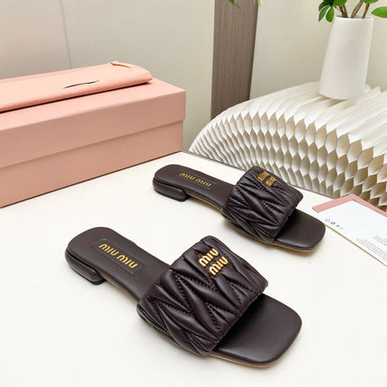 MIUMIU 26S MATELASSE SLIDES IN DARK BROWN CALFSKIN