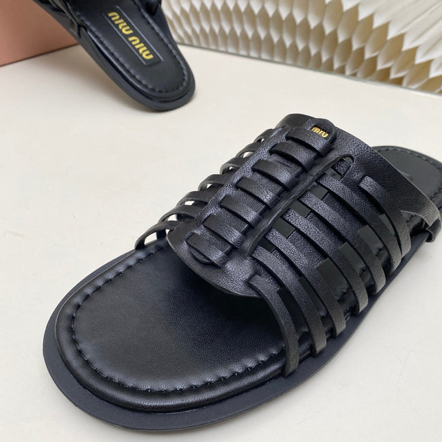 MIUMIU 26S SLIDES SANDAL IN BLACK CALFSKIN
