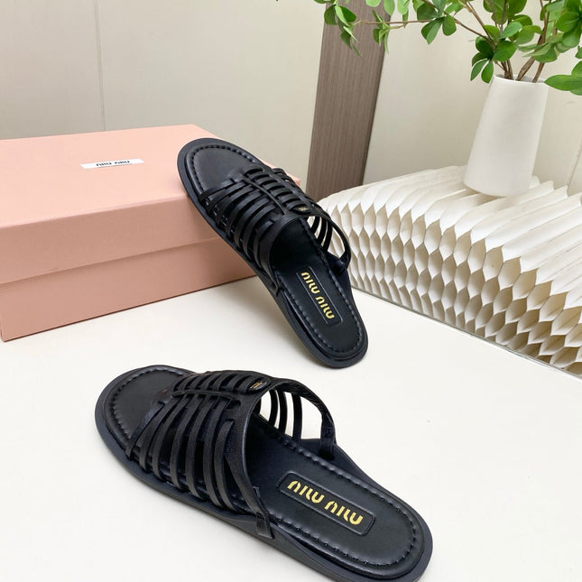 MIUMIU 26S SLIDES SANDAL IN BLACK CALFSKIN