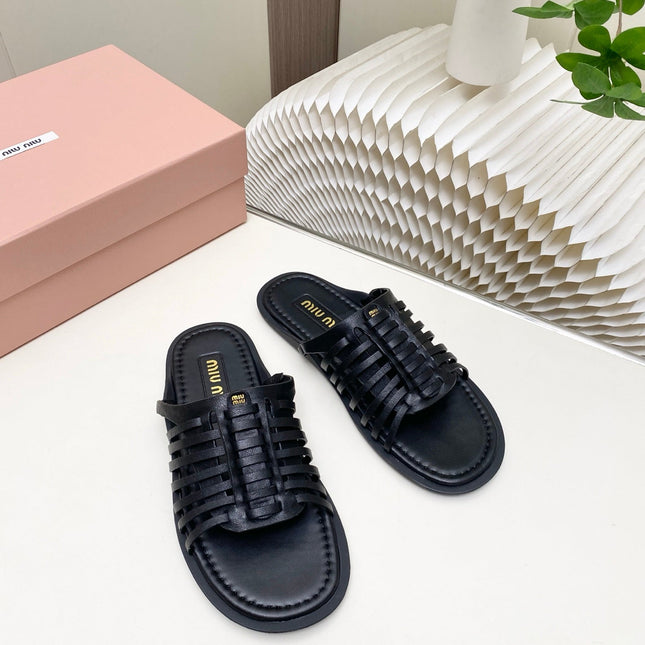 MIUMIU 26S SLIDES SANDAL IN BLACK CALFSKIN