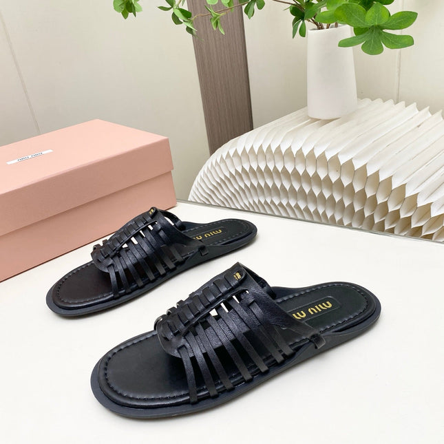 MIUMIU 26S SLIDES SANDAL IN BLACK CALFSKIN