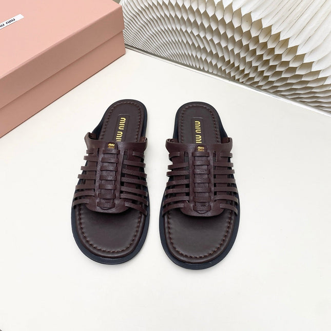 MIUMIU 26S SLIDES SANDAL IN DARK BROWN CALFSKIN