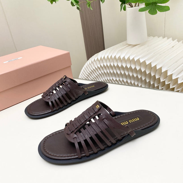 MIUMIU 26S SLIDES SANDAL IN DARK BROWN CALFSKIN