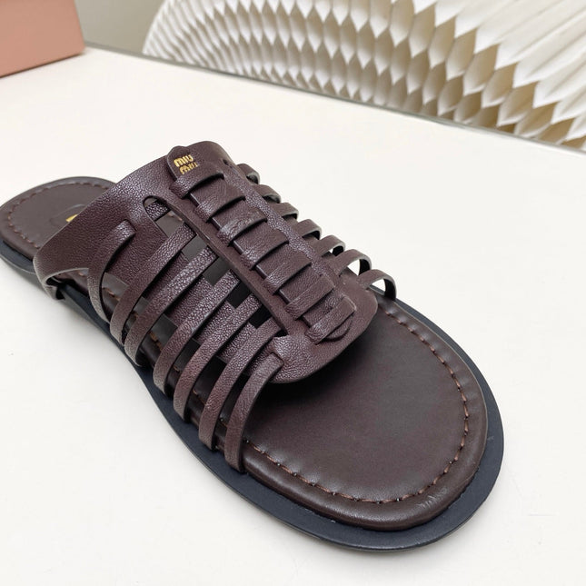 MIUMIU 26S SLIDES SANDAL IN DARK BROWN CALFSKIN