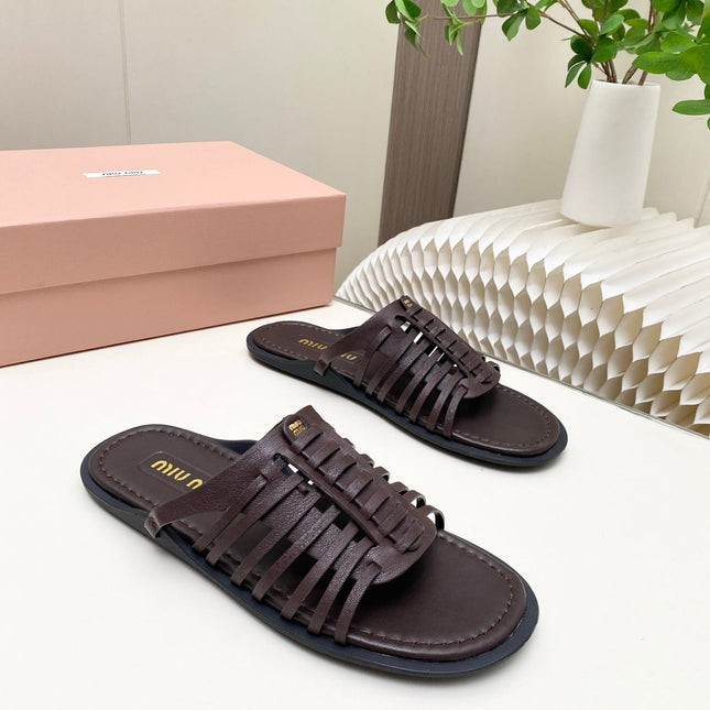 MIUMIU 26S SLIDES SANDAL IN DARK BROWN CALFSKIN