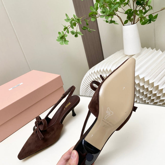 MIUMIU 26S SLINGBACK PUMPS 55MM IN DARK BROWN SUEDE WITH BOW