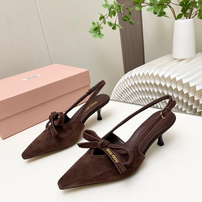 MIUMIU 26S SLINGBACK PUMPS 55MM IN DARK BROWN SUEDE WITH BOW