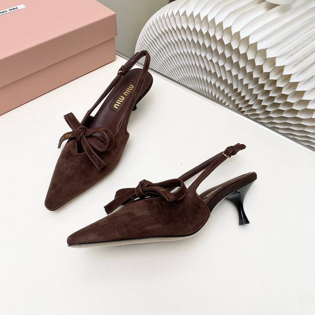 MIUMIU 26S SLINGBACK PUMPS 55MM IN DARK BROWN SUEDE WITH BOW