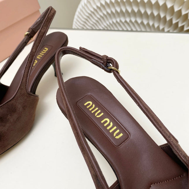 MIUMIU 26S SLINGBACK PUMPS 55MM IN DARK BROWN SUEDE WITH BOW