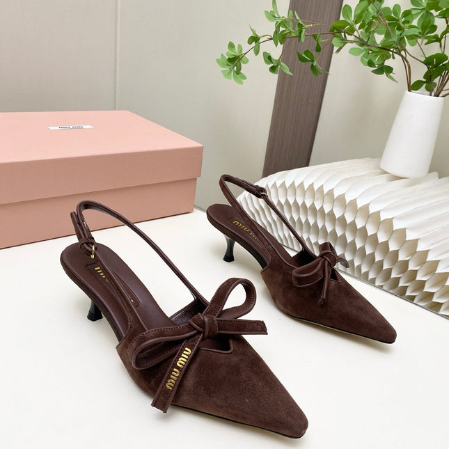 MIUMIU 26S SLINGBACK PUMPS 55MM IN DARK BROWN SUEDE WITH BOW