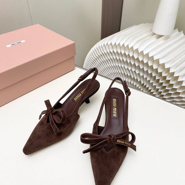 MIUMIU 26S SLINGBACK PUMPS 55MM IN DARK BROWN SUEDE WITH BOW