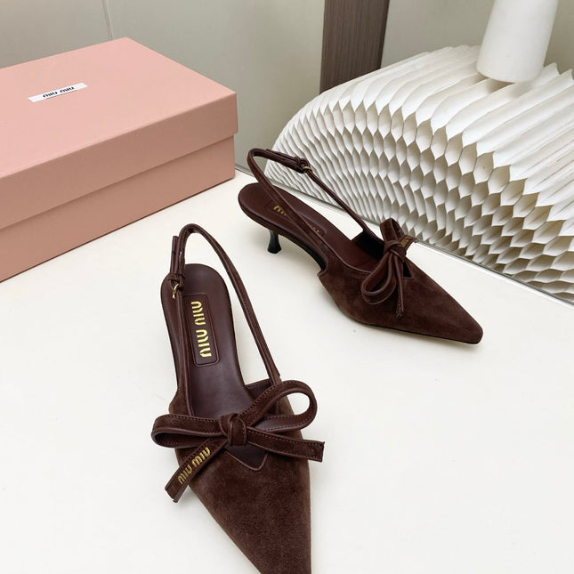 MIUMIU 26S SLINGBACK PUMPS 55MM IN DARK BROWN SUEDE WITH BOW