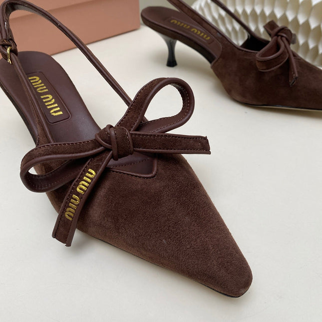 MIUMIU 26S SLINGBACK PUMPS 55MM IN DARK BROWN SUEDE WITH BOW