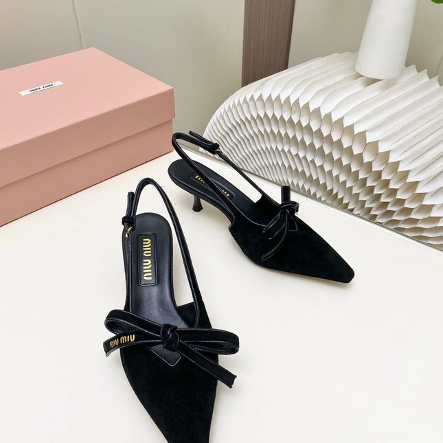 MIUMIU 26S SLINGBACK PUMPS 55MM IN BLACK SUEDE WITH BOW