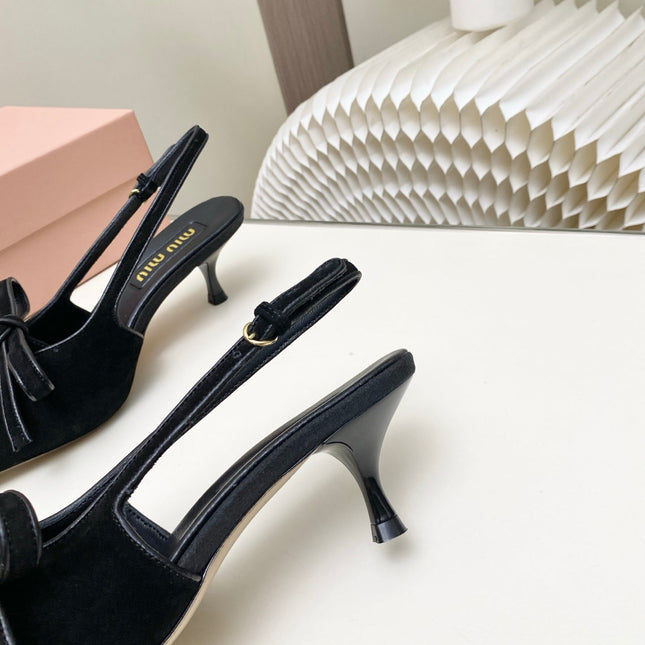 MIUMIU 26S SLINGBACK PUMPS 55MM IN BLACK SUEDE WITH BOW