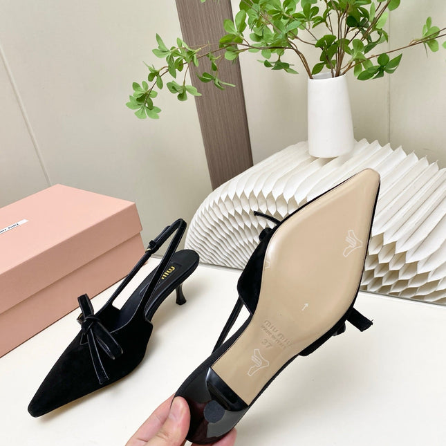 MIUMIU 26S SLINGBACK PUMPS 55MM IN BLACK SUEDE WITH BOW