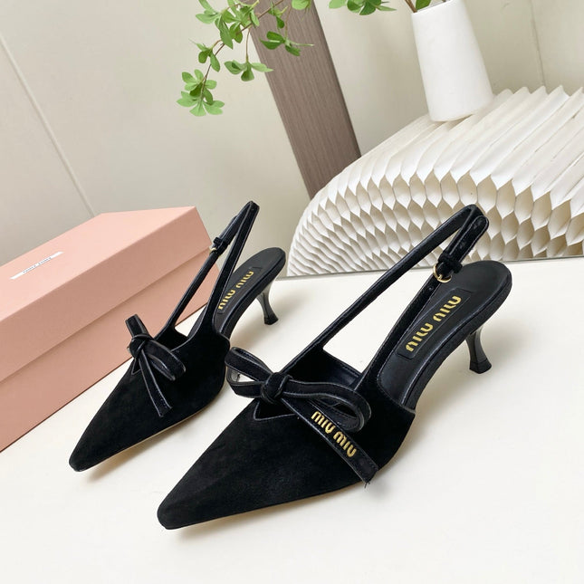 MIUMIU 26S SLINGBACK PUMPS 55MM IN BLACK SUEDE WITH BOW