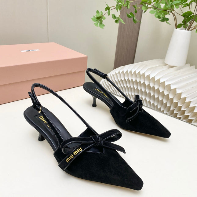 MIUMIU 26S SLINGBACK PUMPS 55MM IN BLACK SUEDE WITH BOW