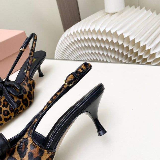 MIUMIU 26S SLINGBACK PUMPS 55MM IN LEOPARD PRINT CALF HAIR WITH BOW