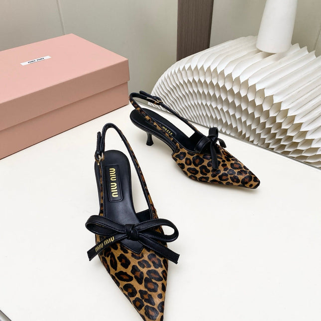 MIUMIU 26S SLINGBACK PUMPS 55MM IN LEOPARD PRINT CALF HAIR WITH BOW