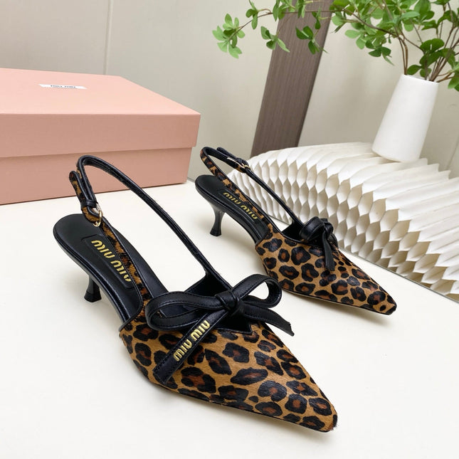 MIUMIU 26S SLINGBACK PUMPS 55MM IN LEOPARD PRINT CALF HAIR WITH BOW