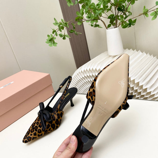 MIUMIU 26S SLINGBACK PUMPS 55MM IN LEOPARD PRINT CALF HAIR WITH BOW