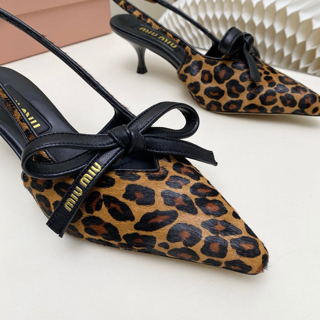 MIUMIU 26S SLINGBACK PUMPS 55MM IN LEOPARD PRINT CALF HAIR WITH BOW
