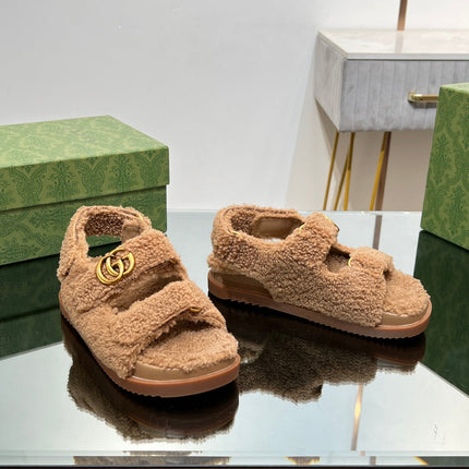 DAD SANDALS IN CIDER BROWN FLEECE WITH GOLD HARDWARE