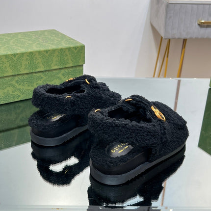 DAD SANDALS IN BLACK FLEECE WITH GOLD HARDWARE