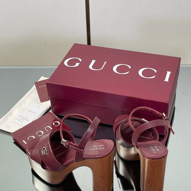 GUCCI 26S DOUBLE G LOGO PLATFORM SANDAL HEELS 130MM IN BURGUNDY RED CALFSKIN