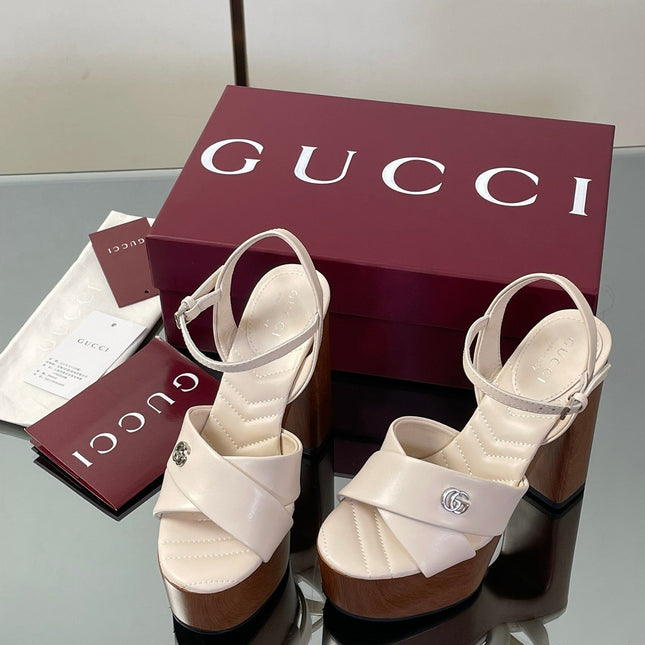 GUCCI 26S DOUBLE G LOGO PLATFORM SANDAL HEELS 130MM IN IVORY WHITE CALFSKIN