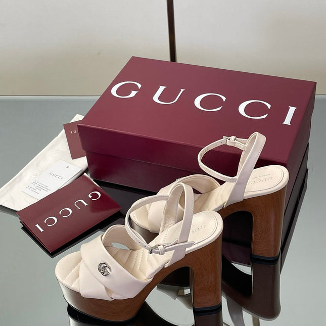 GUCCI 26S DOUBLE G LOGO PLATFORM SANDAL HEELS 130MM IN IVORY WHITE CALFSKIN