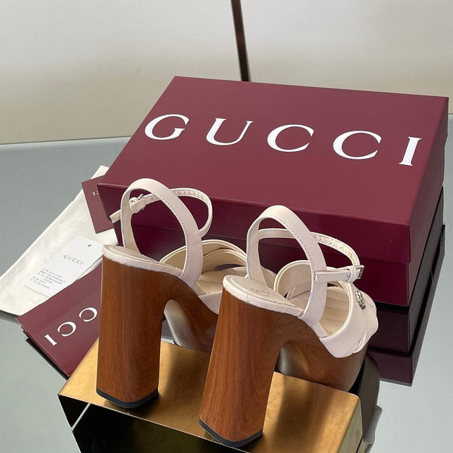 GUCCI 26S DOUBLE G LOGO PLATFORM SANDAL HEELS 130MM IN IVORY WHITE CALFSKIN