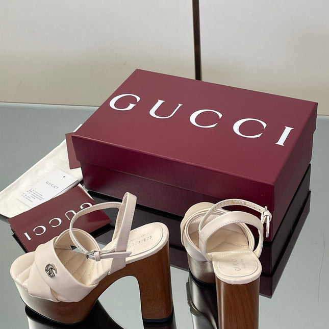 GUCCI 26S DOUBLE G LOGO PLATFORM SANDAL HEELS 130MM IN IVORY WHITE CALFSKIN