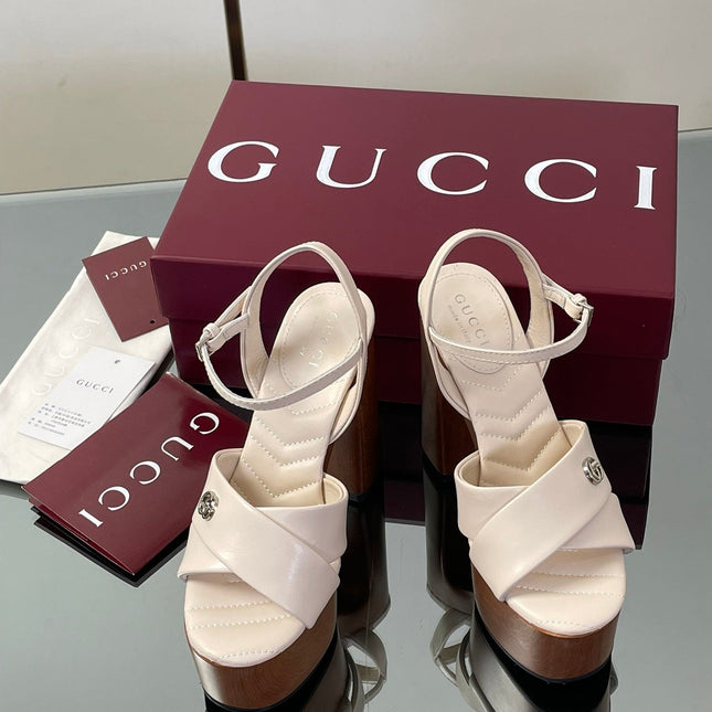 GUCCI 26S DOUBLE G LOGO PLATFORM SANDAL HEELS 130MM IN IVORY WHITE CALFSKIN