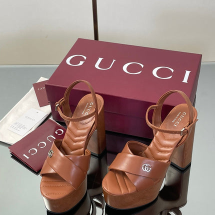 GUCCI 26S DOUBLE G LOGO PLATFORM SANDAL HEELS 130MM IN CARAMEL BROWN CALFSKIN