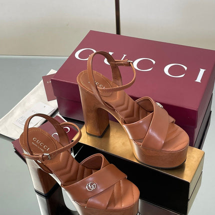 GUCCI 26S DOUBLE G LOGO PLATFORM SANDAL HEELS 130MM IN CARAMEL BROWN CALFSKIN