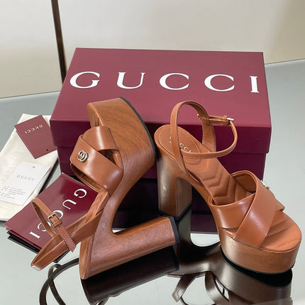 GUCCI 26S DOUBLE G LOGO PLATFORM SANDAL HEELS 130MM IN CARAMEL BROWN CALFSKIN