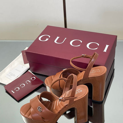 GUCCI 26S DOUBLE G LOGO PLATFORM SANDAL HEELS 130MM IN CARAMEL BROWN CALFSKIN