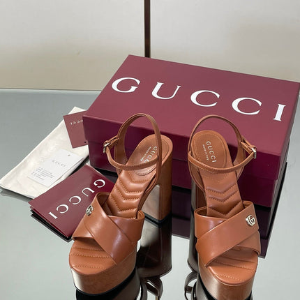 GUCCI 26S DOUBLE G LOGO PLATFORM SANDAL HEELS 130MM IN CARAMEL BROWN CALFSKIN