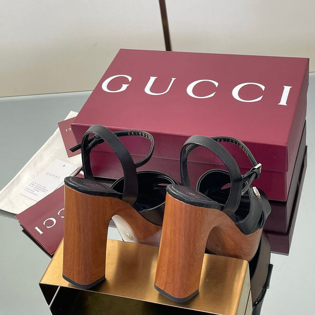 GUCCI 26S DOUBLE G LOGO PLATFORM SANDAL HEELS 130MM IN BLACK CALFSKIN