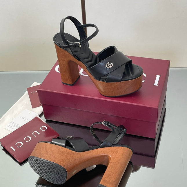 GUCCI 26S DOUBLE G LOGO PLATFORM SANDAL HEELS 130MM IN BLACK CALFSKIN