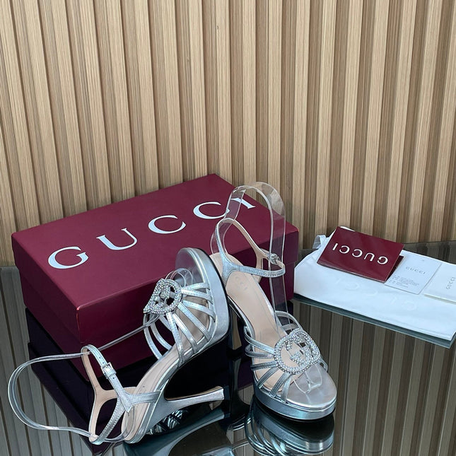 GUCCI 26S HIGH-HEELED SANDALS 125 MM IN SILVER CALFSKIN