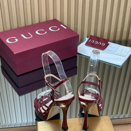 GUCCI 26S HIGH-HEELED SANDALS 125 MM IN DARK RED CALFSKIN