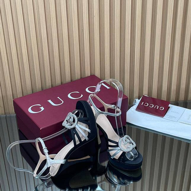 GUCCI 26S HIGH-HEELED SANDALS 125 MM IN BLACK SATIN AND SILVER CALFSKIN