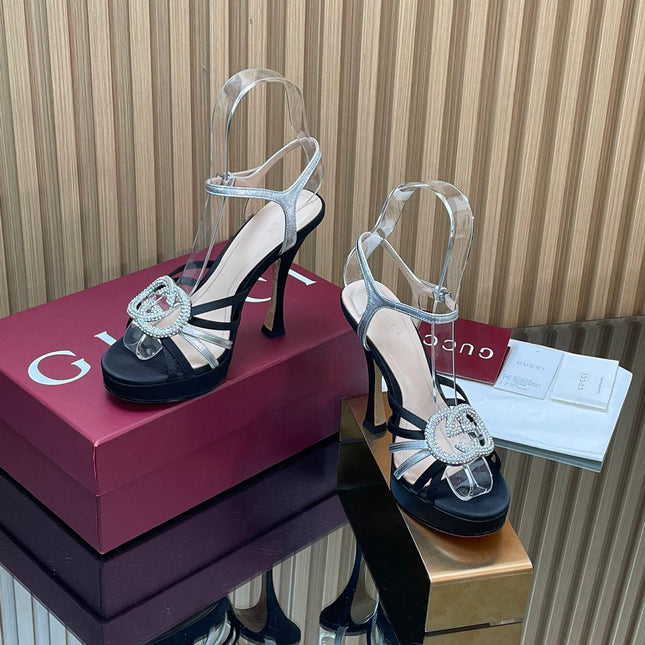 GUCCI 26S HIGH-HEELED SANDALS 125 MM IN BLACK SATIN AND SILVER CALFSKIN