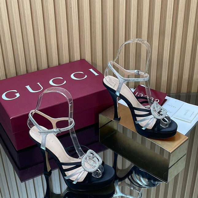 GUCCI 26S HIGH-HEELED SANDALS 125 MM IN BLACK SATIN AND SILVER CALFSKIN