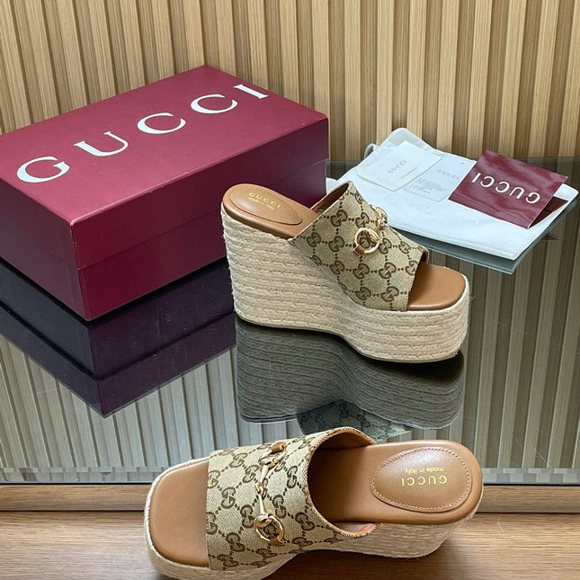 GUCCI 26S WEDGE SANDALS 110 MM IN BEIGE CANVAS GG MONOGRAM