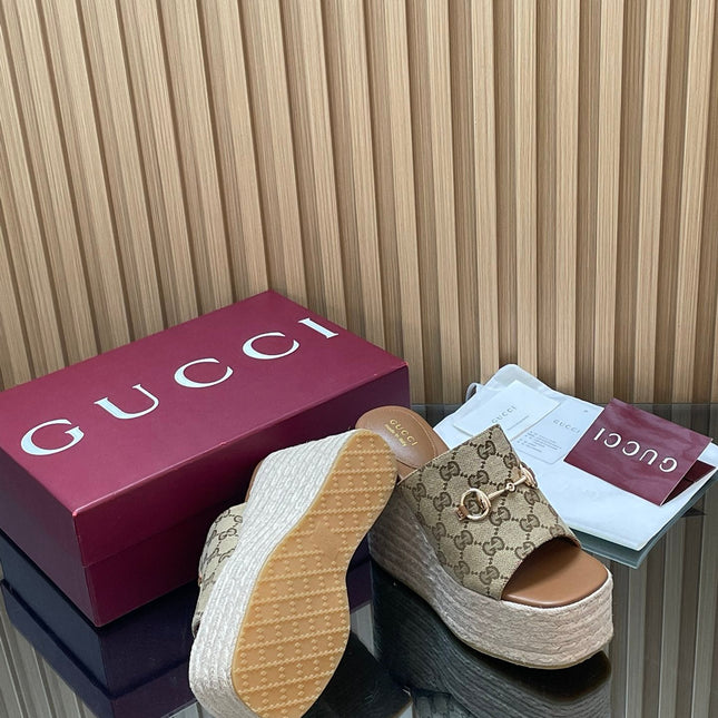 GUCCI 26S WEDGE SANDALS 110 MM IN BEIGE CANVAS GG MONOGRAM