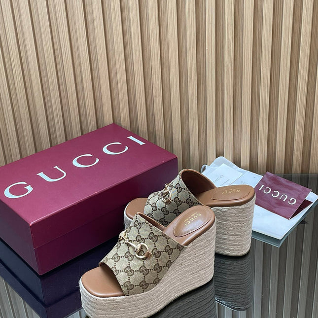 GUCCI 26S WEDGE SANDALS 110 MM IN BEIGE CANVAS GG MONOGRAM